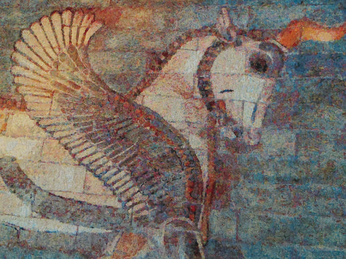 Ancient Persian winged bull from Susa, Achaemenid dynasty, around 500 BCE — a powerful, grounded creature with wings that open into quiet, symbolic elevation. A figure of strength, protection, and inner steadiness, holding both earth‑bound presence and a subtle, soul‑level expansiveness.