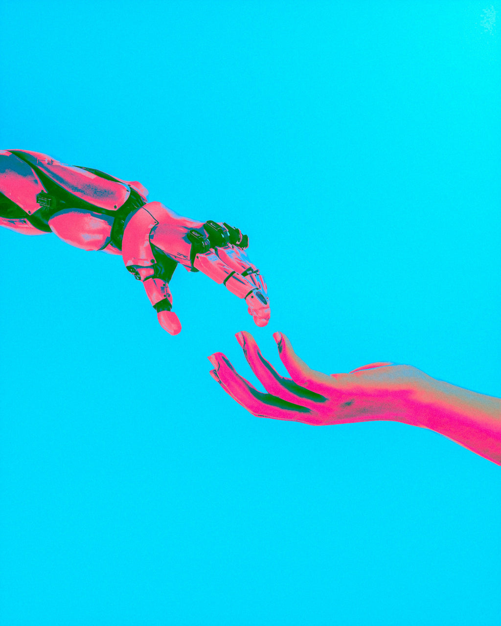 a robotic hand reaching gently toward a woman’s hand, both suspended in soft light like a modern echo of the sistine chapel — a calm symbol of human‑ai collaboration, shared awareness and the subtle atmosphere of vibeleadership
