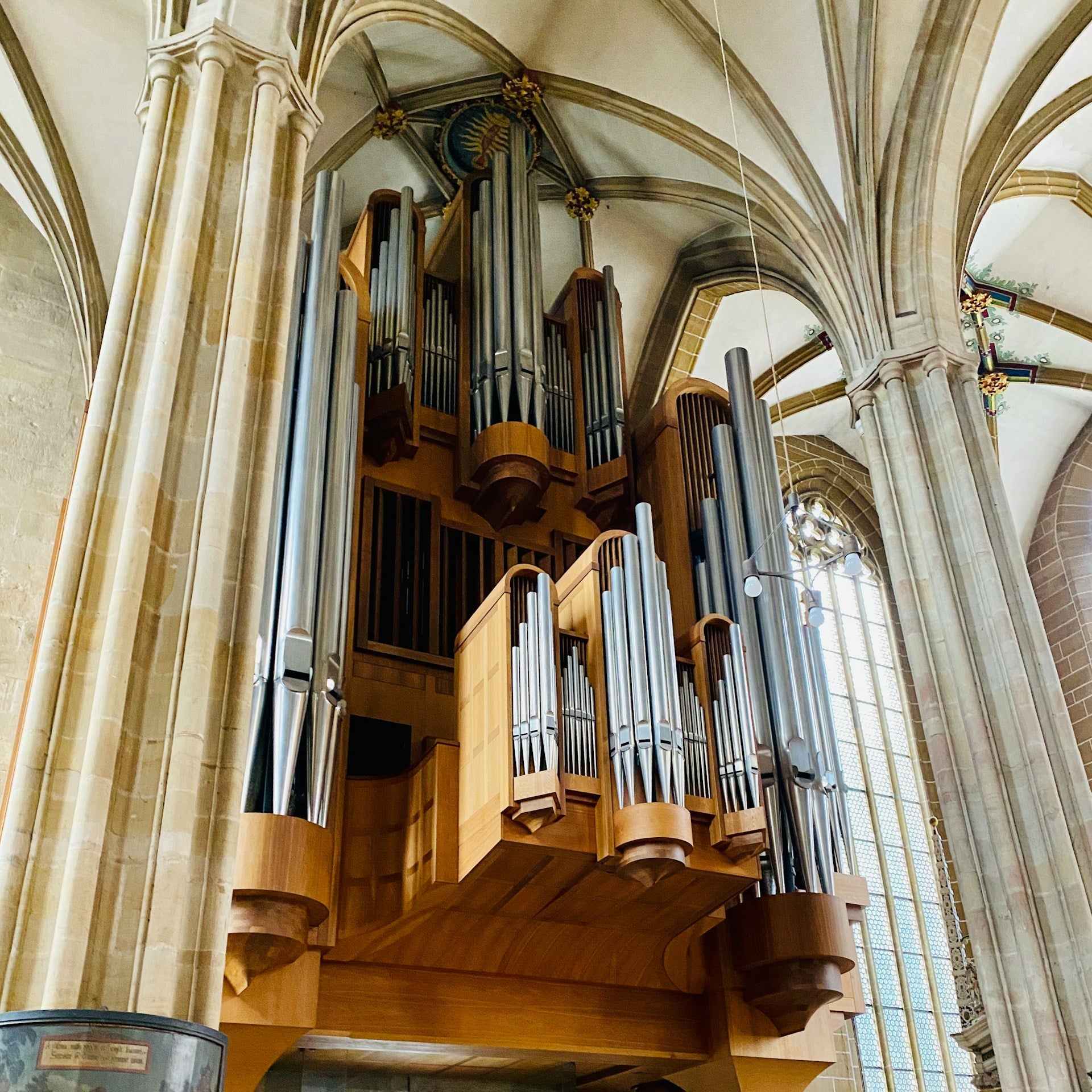 A large wooden organ rising in a cathedral space, symbolizing structure, breath, and quiet spiritual resonance.
