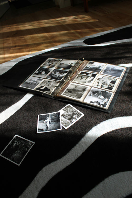 photo album resting on a soft carpet, with old photographs gently taken out and held for a closer look