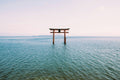 a lone torii gate standing in calm water, appearing to float between worlds — a quiet threshold where the outer world softens and the inner world opens, symbolizing purification, transition, and the soul’s return to its own sacred center.