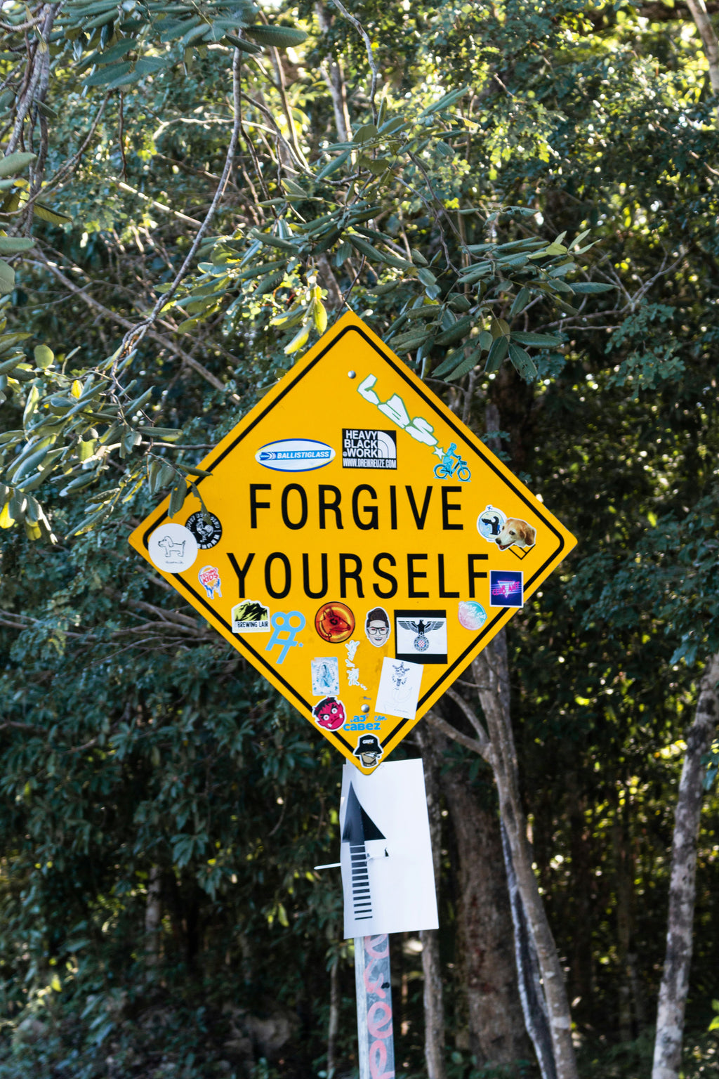 A yellow diamond-shaped road sign reading 'FORGIVE YOURSELF' in black letters, covered with various colorful stickers, mounted on a pole with leafy trees in the background